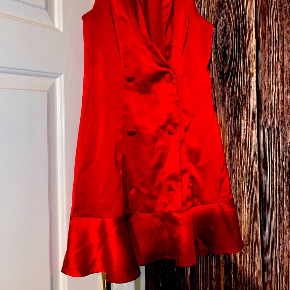 Double breasted red deep V peplum dress